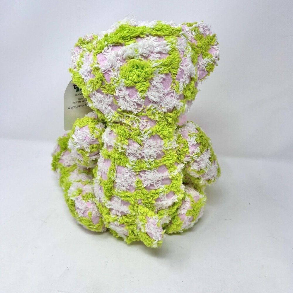 Peek A Boo Plush Pink Teddy Bear With Chenille Green & White Check 10" With Tag - Picture 3 of 8